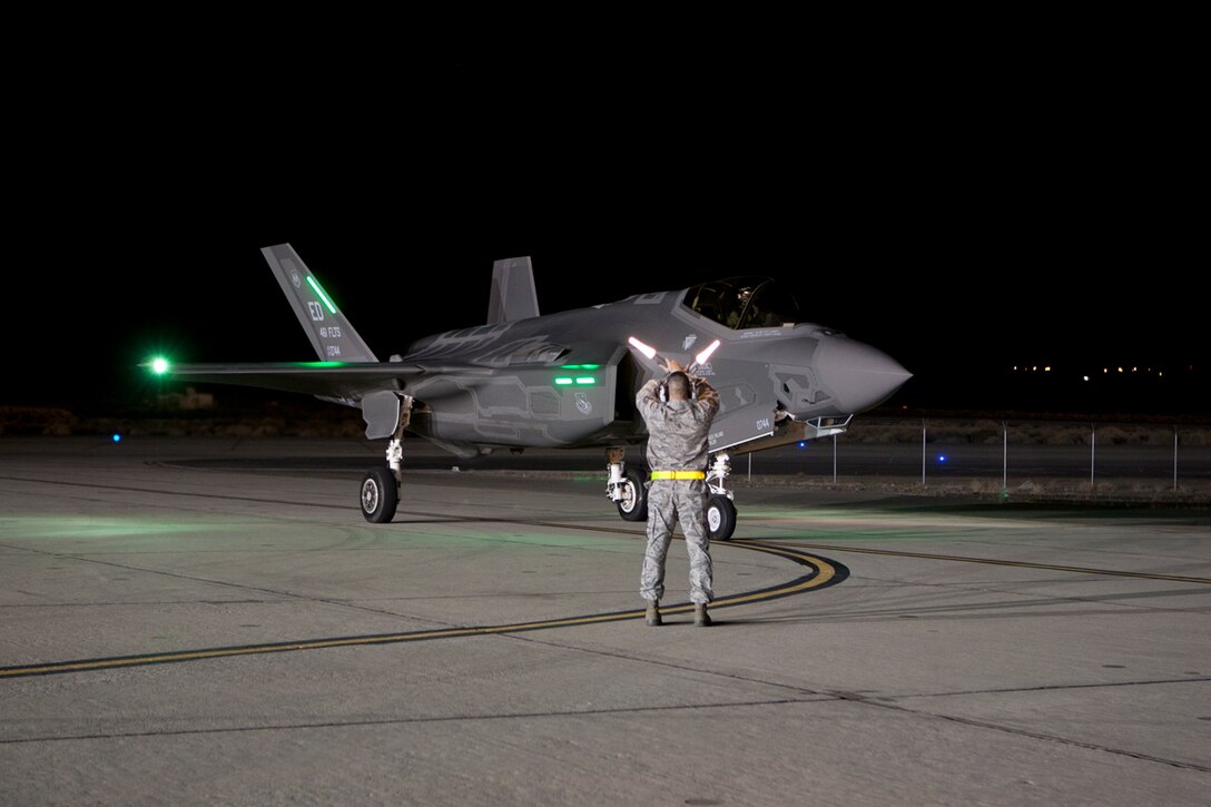 AF-6 taxis home after the Joint Strike Fighter program’s first night flight, Jan. 18 at Edwards. (Lockheed Martin photo by Darin Russell)