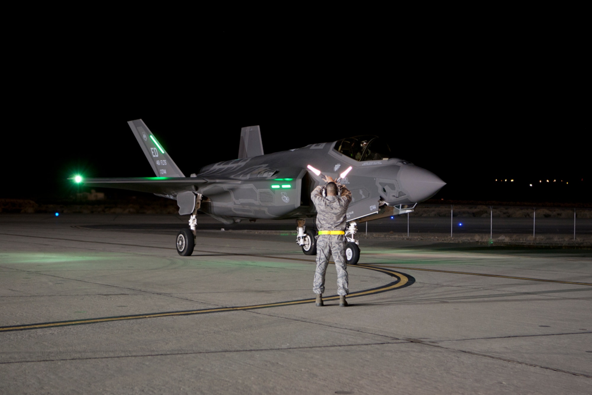 AF-6 taxis home after the Joint Strike Fighter program’s first night flight, Jan. 18 at Edwards. (Lockheed Martin photo by Darin Russell)