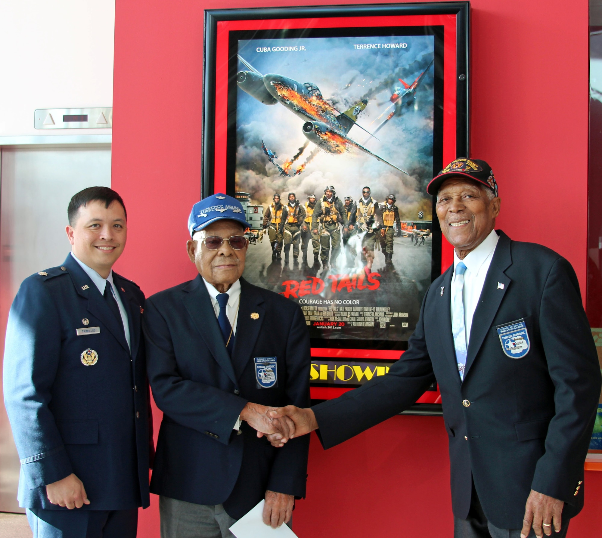 Members of the 314th Recruiting Squadron and two of the original Tuskegee Airmen viewed a private screening of “Red Tails” at the Pearl Theater in Philadelphia, Pa.Jan. 20. Lt. Col. Ric Trillimos, 314th RCS commander (left), Lt. Col. (Ret.) Thomas Mayfield (center), and Tech. Sgt. (Ret.) George Watson. (U.S. Air Force photo/Tech. Sgt. Derek Bishop)