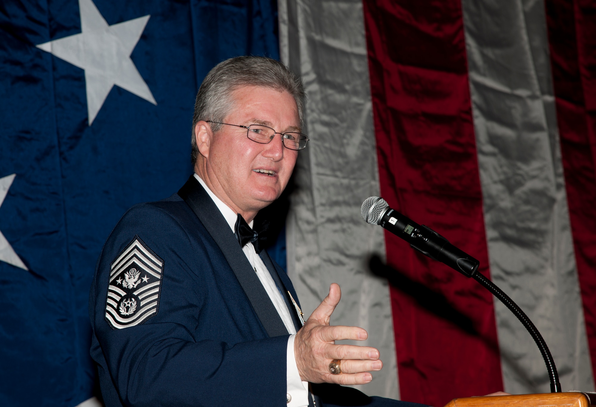 Retired Chief Master Sgt. of the Air Force Gerald Murray gives a speech to attendants of the 2011 Annual Awards Banquet at the James H. Rainwater Conference Center in Valdosta, Ga., Jan. 28, 2012. Murray gave his praise of the efforts put forth by all nominees and congratulated each of them for a job well done. (U.S. Air Force Photo by Airmen 1st Class Paul Francis/Released)
