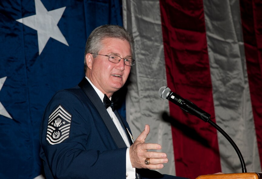Retired Chief Master Sgt. of the Air Force Gerald Murray gives a speech to attendants of the 2011 Annual Awards Banquet at the James H. Rainwater Conference Center in Valdosta, Ga., Jan. 28, 2012. Murray gave his praise of the efforts put forth by all nominees and congratulated each of them for a job well done. (U.S. Air Force Photo by Airmen 1st Class Paul Francis/Released)
