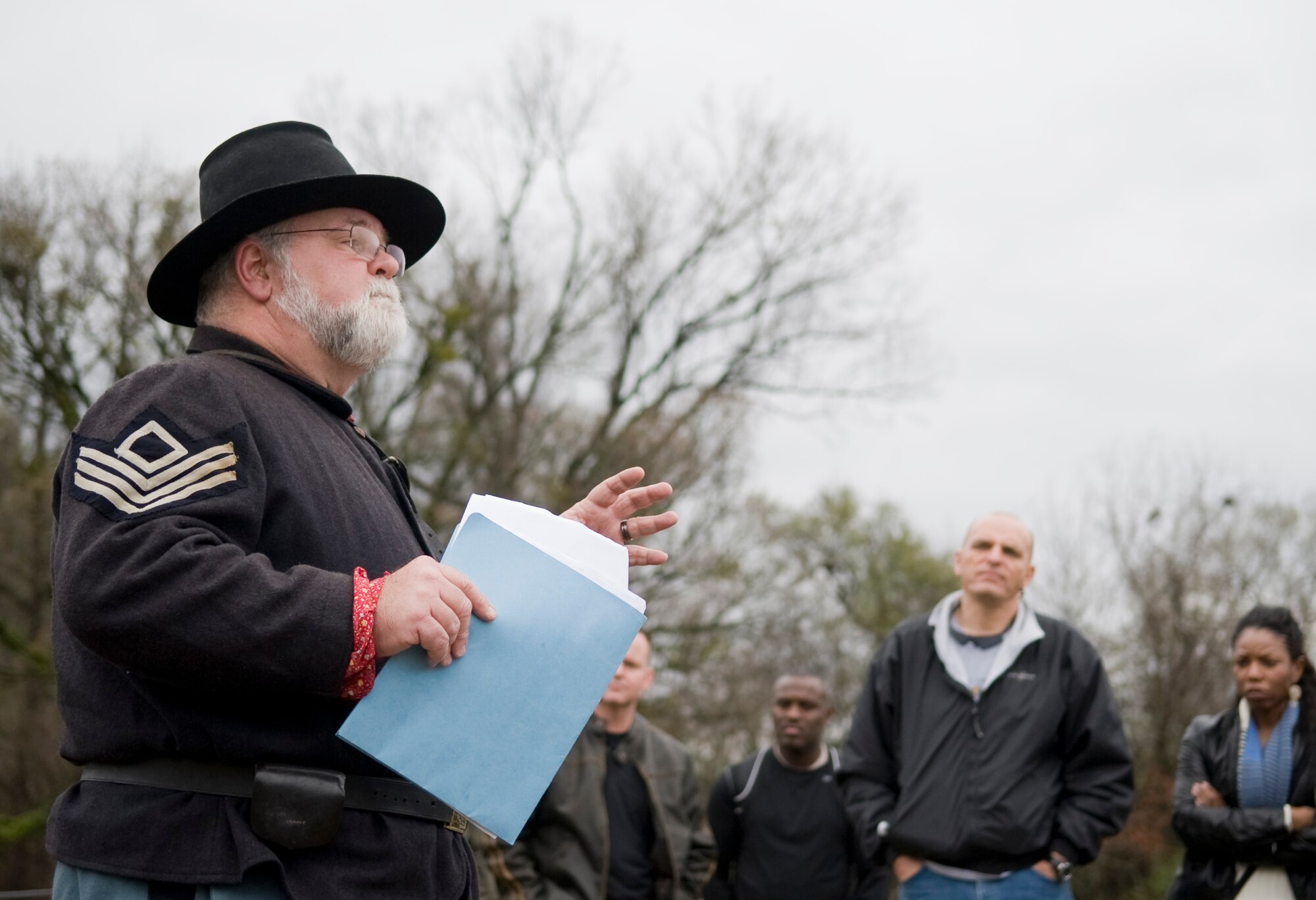 VICKSBURG, Miss. - Bruce Stewart, Barksdale Air Force Base historian, speaks with a group of chief master sergeants and chief selects about the Civil War era in Vicksburg, Miss., Jan. 26. Stewart dressed up as a Civil War era Union first sergeant to help make the tour of Vicksburg feel more authentic. (U.S. Air Force photo/Airman 1st Class Benjamin Gonsier)(RELEASED)
