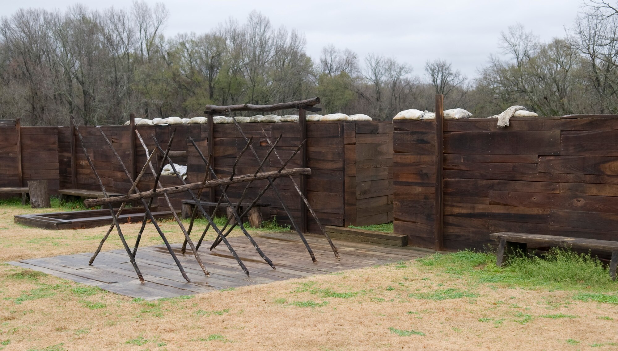 VICKSBURG, Miss. - A reconstruction of a typical trench from the Civil War era stands in Vicksburg, Miss., Jan. 26. In front of the trench is a Cheval de Frise, which is made out of poles that are used to stop cavalry from charging over the trench. These contraptions made it easy for soldiers to deter invading enemies. (U.S. Air Force photo/Airman 1st Class Benjamin Gonsier)(RELEASED)
