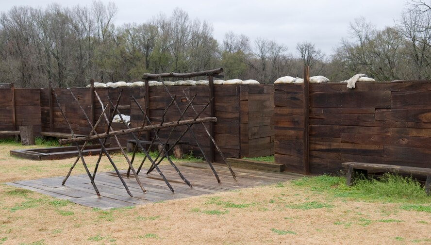 VICKSBURG, Miss. - A reconstruction of a typical trench from the Civil War era stands in Vicksburg, Miss., Jan. 26. In front of the trench is a Cheval de Frise, which is made out of poles that are used to stop cavalry from charging over the trench. These contraptions made it easy for soldiers to deter invading enemies. (U.S. Air Force photo/Airman 1st Class Benjamin Gonsier)(RELEASED)
