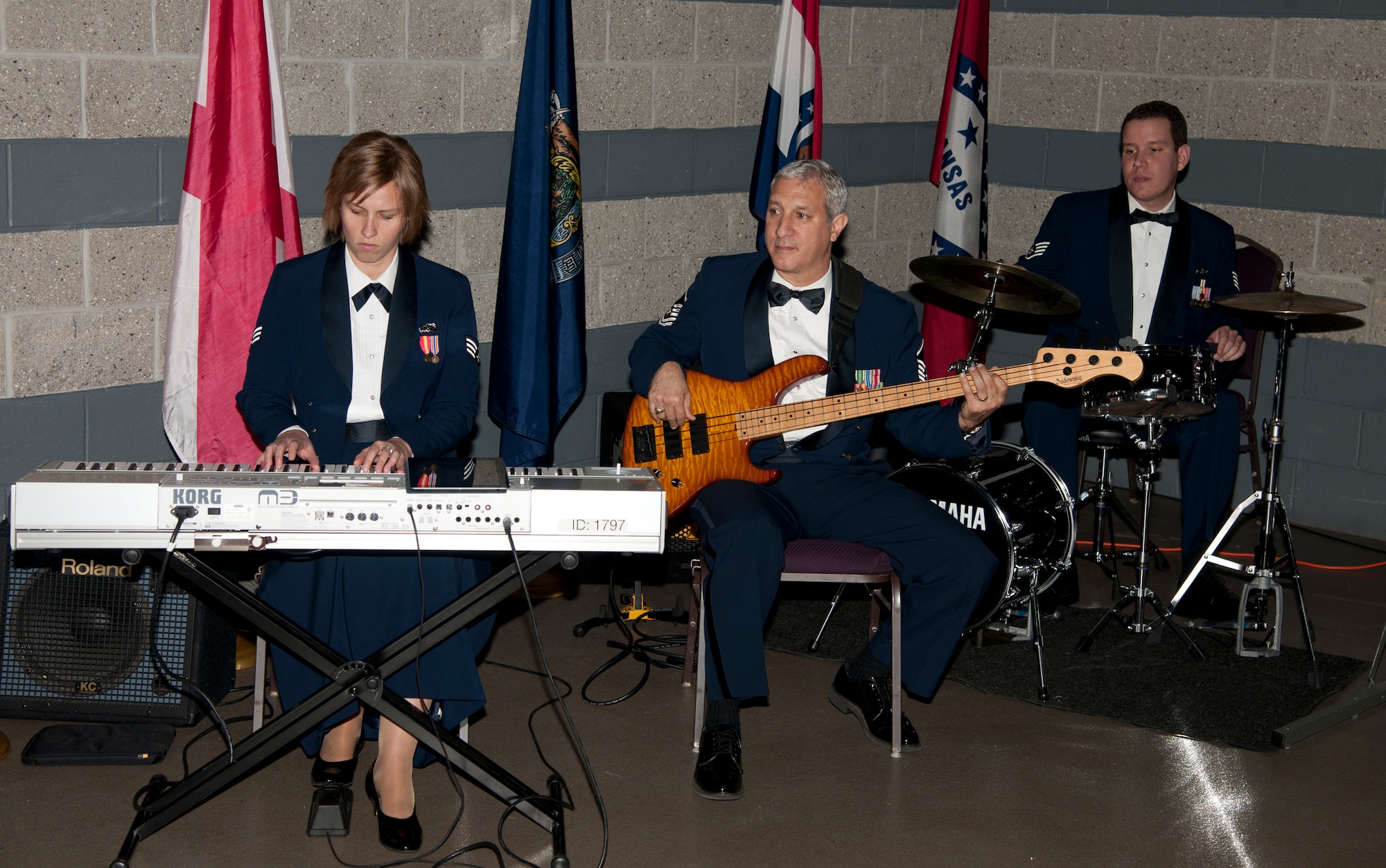 Bandsmen with the Air Force Reserve play music during the Annual Awards Banquet at the James H. Rainwater Conference Center in Valdosta, Ga., Jan. 28, 2012. The banquet recognizes member os the 23d Wing who went above and beyond what is asked of them on a day-to-day basis. There were several nominees in each enlisted, officer and civilian category, but only one was chosen as an annual award winner. (U.S. Air Force Photo by Airmen 1st Class Paul Francis/Released)
