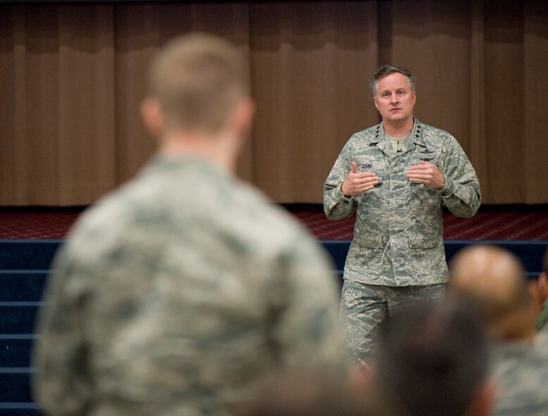 Lt. Gen. William Lord, chief of warfighting integration and chief information officer, Office of the Secretary of the Air Force, answers a question during a Cyberspace Operations and Support Community Transformation seminar on Barksdale Air Force Base, La., Jan 24. Following the presentation, Lord answered questions from members of Team Barksdale regarding issues facing our nation's cyber security and advancements in communication. (U.S. Air Force photo/Senior Airman Chad Warren)(RELEASED)
