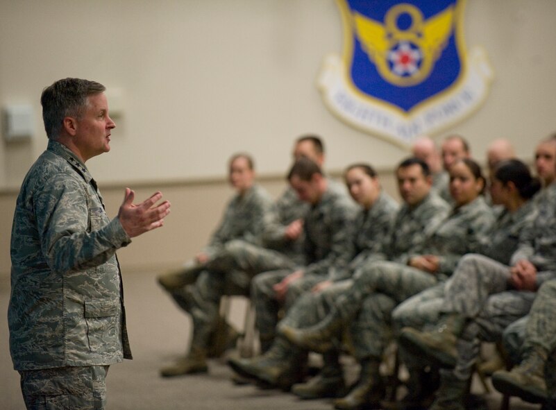 Lt. Gen. William Lord, chief of warfighting integration and chief information officer, Office of the Secretary of the Air Force, speaks to members of Team Barksdale during a Cyberspace Operations and Support Community Transformation seminar on Barksdale Air Force Base, La., Jan 24. Lord addressed innovations and issues facing the advancement of our nation's cyber security. (U.S. Air Force photo/Senior Airman Chad Warren)(RELEASED)