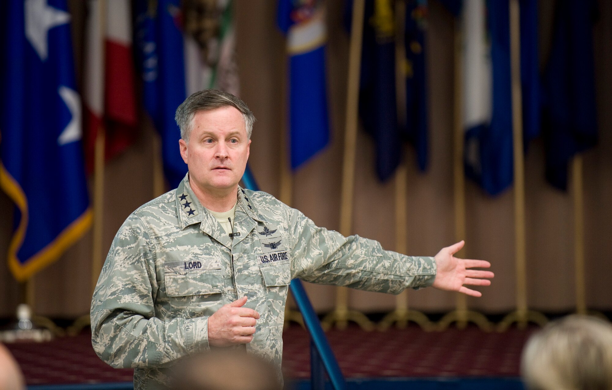 Lt. Gen. William Lord, chief of warfighting integration and chief information officer, Office of the Secretary of the Air Force, speaks to members of Team Barksdale during a Cyberspace Operations and Support Community Transformation seminar on Barksdale Air Force Base, La., Jan 24. Lord addressed the importance of cyber security and integration in the near future. (U.S. Air Force photo/Senior Airman Chad Warren)(RELEASED)
