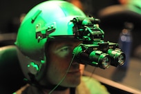 2nd Lt. Michael Vastola, 359th Aerospace Medicine Squadron OIC of Logistics Element,  aligns his night vision goggles during a NVG Academic Instructors Course held at the Aerospace Physiology building on Joint Base San Antonio-Randolph Jan. 25. (U.S. Air Force photo/Rich McFadden) (released)