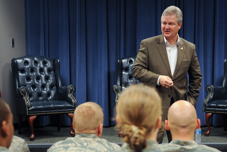 Retired Chief Master Sgt. of the Air Force Gerald R. Murray speaks to Senior Airman Jason D. Cunningham Airmen Leadership School class 12-B students at Moody Air Force Base, Ga., Jan. 27, 2012. Murray was invited as a guest speaker for the 23d Wing Annual Awards Banquet. He also used his time at Moody to visit various units on base and meet Airmen. (U.S. Air Force photo by Airman 1st Class Olivia Dominique/Released)