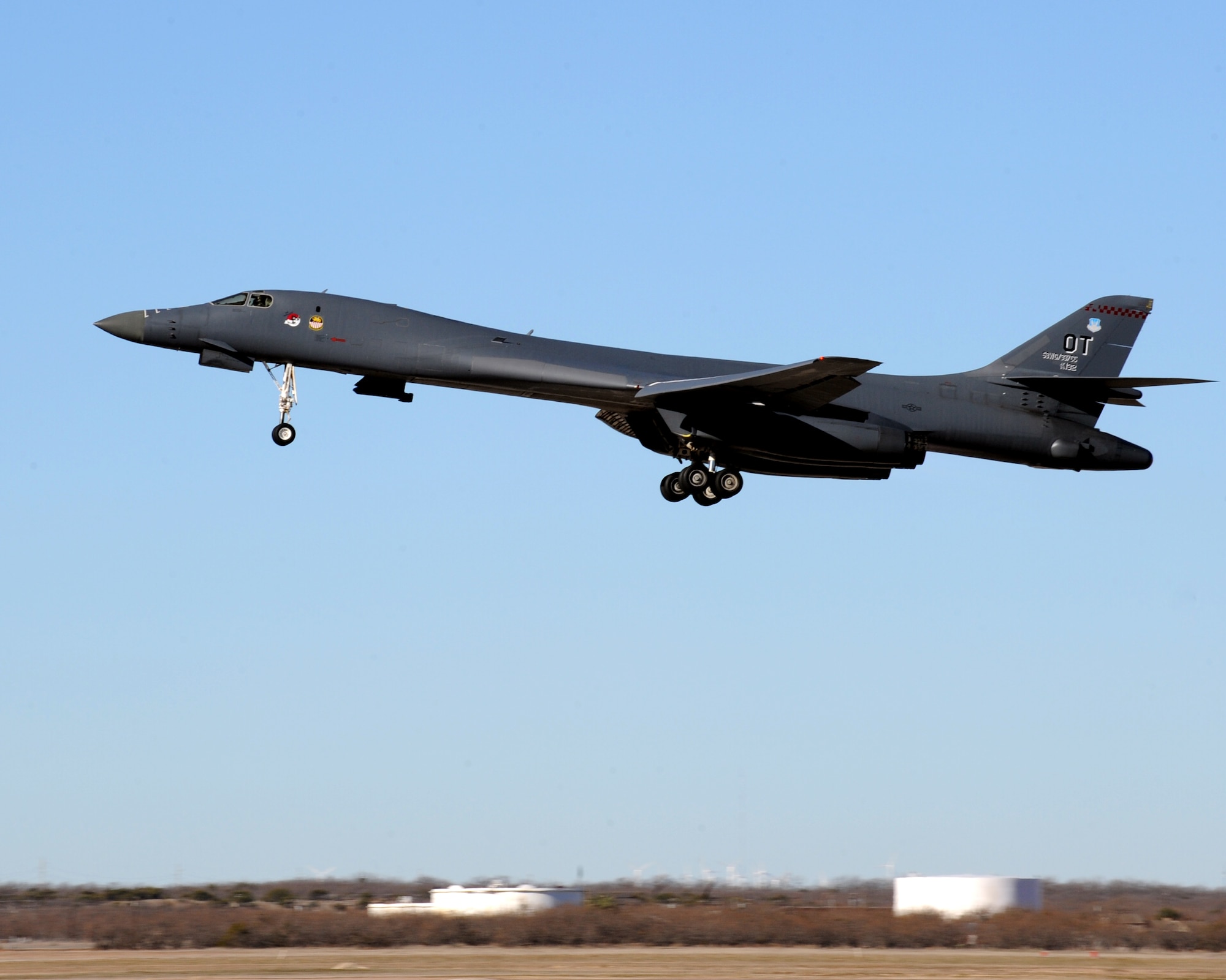 A 337th Test and Evaluation Squadron B-1 Bomber takes off carrying a BLU-129, Jan. 20, 2011, at Dyess Air Force, Texas. The BLU-129 is a 500-pound guided bomb designed with a composite warhead to destroy targets while causing the least amount of collateral damage. (U.S. Air Force photo by Airman 1st Class Jonathan Stefanko/Released)