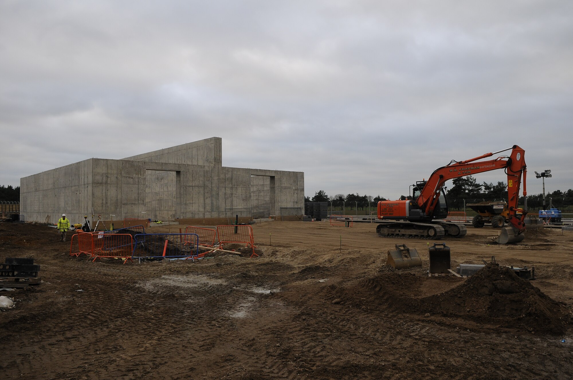 ROYAL AIR FORCE LAKENHEATH, England -- Construction continues at the large vehicle inspection gate next to Brandon Road, Jan. 11, 2012.  The new gate will have the latest X-ray inspection technology and will help ease congestion around RAF Lakenheath's main gate.  It is estimated to be completed by August 2012.  (U.S. Air Force photo by Staff Sgt. Connor Estes)