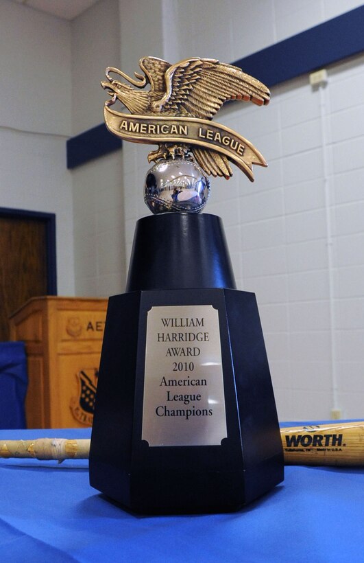 The Texas Rangers won the 2010 American League Championship, and brought their trophy to show off during their Winter Caravan Tour stop at Sheppard.  The visit allowed hundreds of fans to have the opportunity to get their photos taken with and autographs signed by members of the Texas Rangers. (U.S. Air Force Photo/ Josh Wilson)