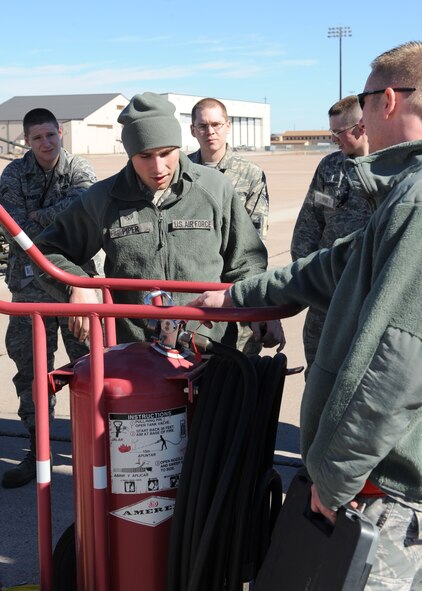 U.S. Air Force Senior Airman Cameron Piper, 317th Aircraft Maintenance Squadron, walks airmen through fire bottle safety during the 317th Airlift Group’s Safety Day, Jan. 27, 2012, at Dyess Air Force Base, Texas. During Safety Day, hands on safety demonstrations and briefings were given to highlight and correct past safety violations. (U.S. Air Force photo by Airman 1st Class Jonathan Stefanko/Released)