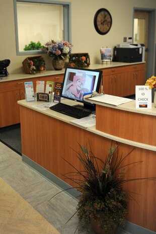 The front desk of the new Child Development Center II serves as a welcoming area for families Jan. 27, 2012, at Nellis Air Force Base, Nev. The CDC II opened Jan. 23, 2012, and is dedicated to provide care for 64 infants. (U.S. Air Force photo by Staff Sgt. Taylor Worley)
