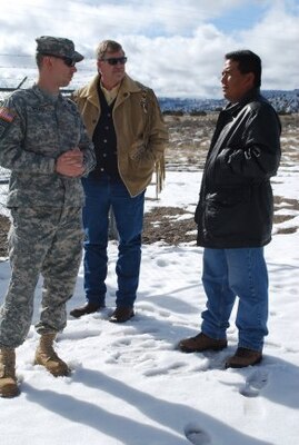 Maj. Seth Wacker and Robert Isenberg of the U.S. Army Corps of Engineers South Pacific Division's 59th Forward Engineering Support Team "Advanced" (center), visit a freshwater site at Santa Clara Pueblo and meet with Adrian Garcia, a Santa Clara tribal member.