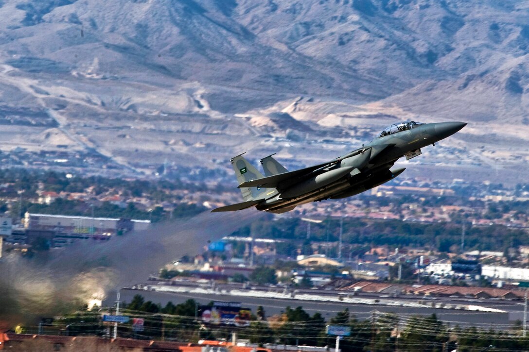 A Royal Saudi Air Force F-15 Strike Eagle departs for a training mission over the Nevada Test and Training Range during Red Flag 12-2 on Nellis Air Force Base, Nev., Jan. 27, 2012.