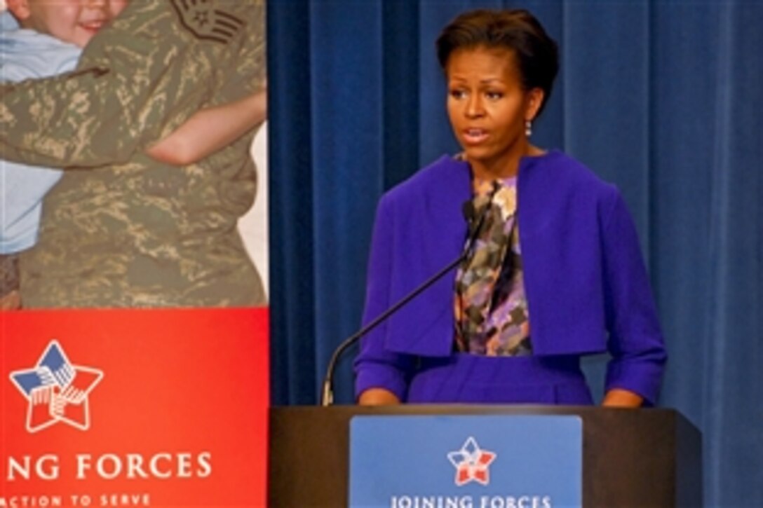 First Lady Michelle Obama announces measures to increase support for caregivers of wounded, ill and injured service members at the Labor Department in Washington, D.C., Jan. 30, 2012. These proposed rules would, in part, enable more military family members to take the time they need to care for their loved ones without fear of career repercussions.