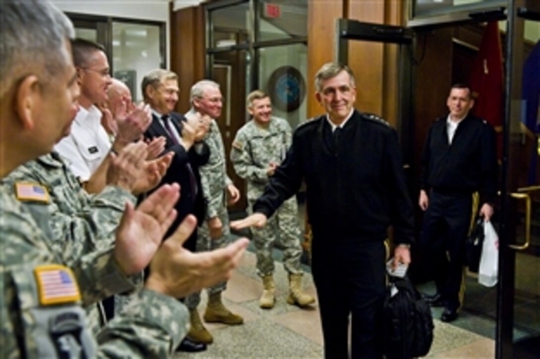 Army Vice Chief of Staff Gen. Peter W. Chiarelli walks out of the Pentagon, Jan. 30, 2012, on the last day in his position before he retires.