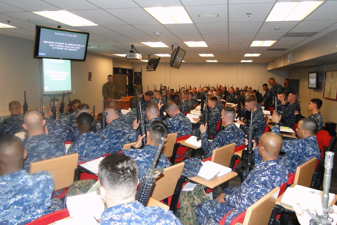 Students of FMST Class 2012020, learn the weapon safety rules of the M16M4 Service Rifle. Many students have never fired a rifle, and many have never held one. Durring the Field Medical Service Technician Course, students will fire live rounds at a Marine Corps rifle range, better preparing them for their assignments to the Fleet Marine Force.