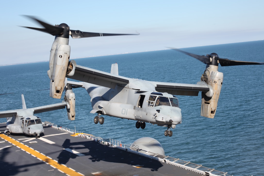 An MV-22 Osprey of Marine Medium Tiltrotor Squadron 266 takes off from the USS Kearsarge Jan. 31. Marine aviation provided support during Exercise Bold Alligator by transporting troops from ships to the exercise areas and shaping the battlefield to be advantageous to the Marines when they landed ashore. Strike packages also attacked strategic targets on long-range missions.