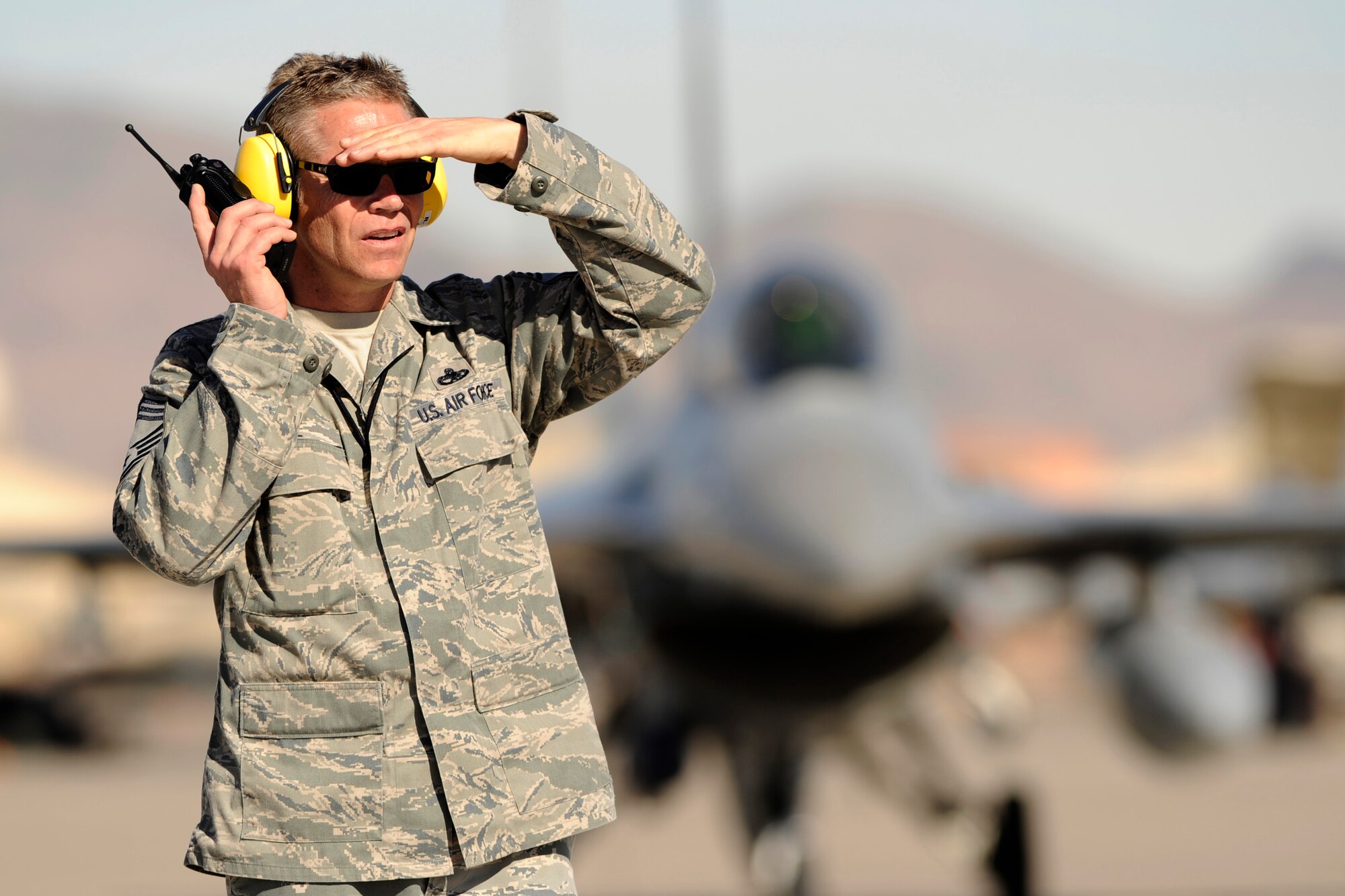 Chief Master Sgt. Robert Thiel, 4th Aircraft Maintenance Unit superintendent, leads the maintenance unit to support the flying mission at Red Flag 12-2 Jan. 23-Feb. 3 at Nellis Air Force Base, Nev. (USAF photo by MSgt Ben Bloker)