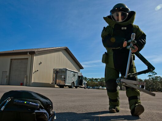 Staff Sgt. Travis Groeschel, an Explosive Ordnance Disposal technician with the 96th Civil Engineer Group, moves an extendable arm to a simulated suspicious package during a demonstration at Eglin Air Force Base, Fla.  The EOD flight is responsible for many of the range missions involving explosives.  They also respond to suspicious packages or recovered unexploded ordnance found in the area.  (U.S. Air Force photo/Samuel King Jr.)