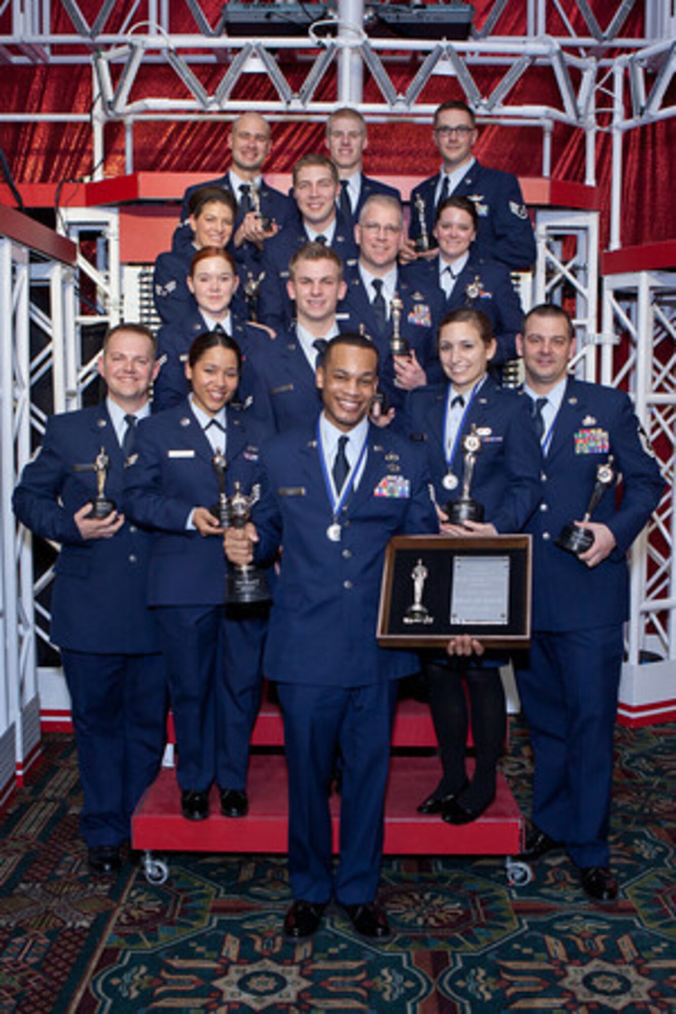 2012 Air Force Worldwide Talent Search winners pose for a group photo during a banquet held at Lackland Air Force Base, Texas, Jan. 16. The annual competition helps select members for the expeditionary entertainment group,Tops in Blue.