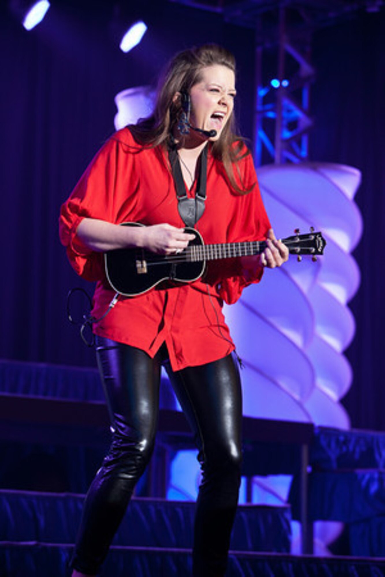 1st Lt. Ashley Elmore from Ellsworth Air Force Base, S.D., sings "Forget You" during her self-accompanied performance with a ukele Jan. 14. Elmore won 1st place for self-accompanied vocalists during the 2012 Air Force Worldwide Talent Search held at Lackland Air Force Base, Texas, Jan. 9-16. The annual competition helps select members for the expeditionary entertainment group,Tops in Blue.