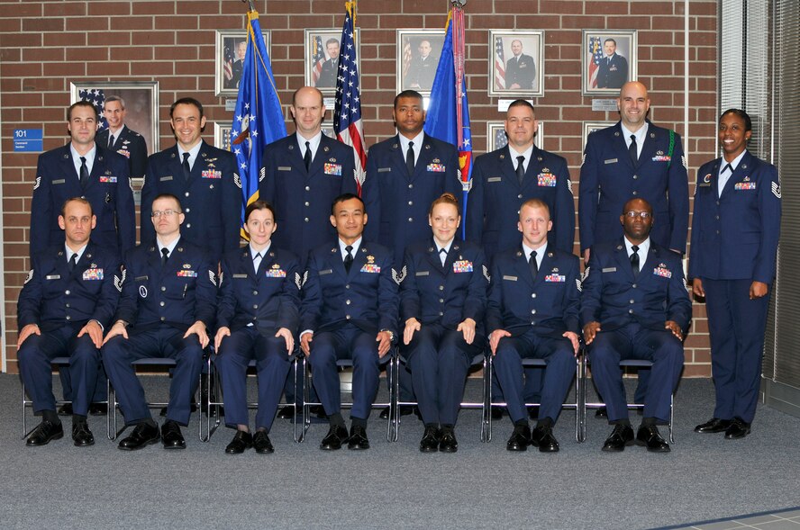 McGHEE TYSON AIR NATIONAL GUARD BASE, Tenn. - NCO Academy Class 12-2, M-Flight, gathers at the I.G. Brown Training and Education Center for their flight photo, Jan. 23, 2012. (U.S. Air Force photo by Master Sgt. Kurt Skoglund/Released)