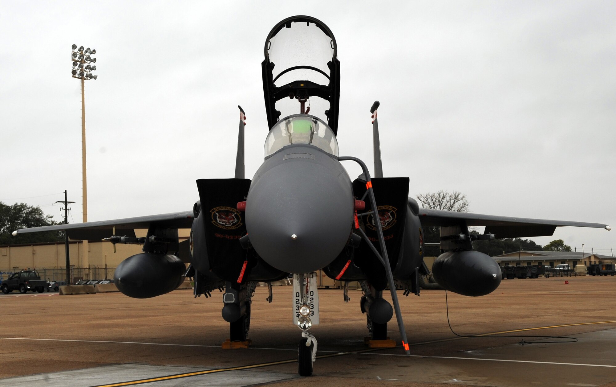 An F-15E Strike Eagle assigned to the 391st Fighter Squadron, Mountain Home Air Base, Idaho, sits on the flightline of Barksdale Air Force Base, La., Jan. 25. More than 200 personnel and 15 F-15s traveled here to participate in Green Flag East. The training exercise helps Airmen from different career fields to prepare for deployments in combat environments. (U.S. Air Force photo/Airman 1st Class Andrew Moua)(RELEASED)