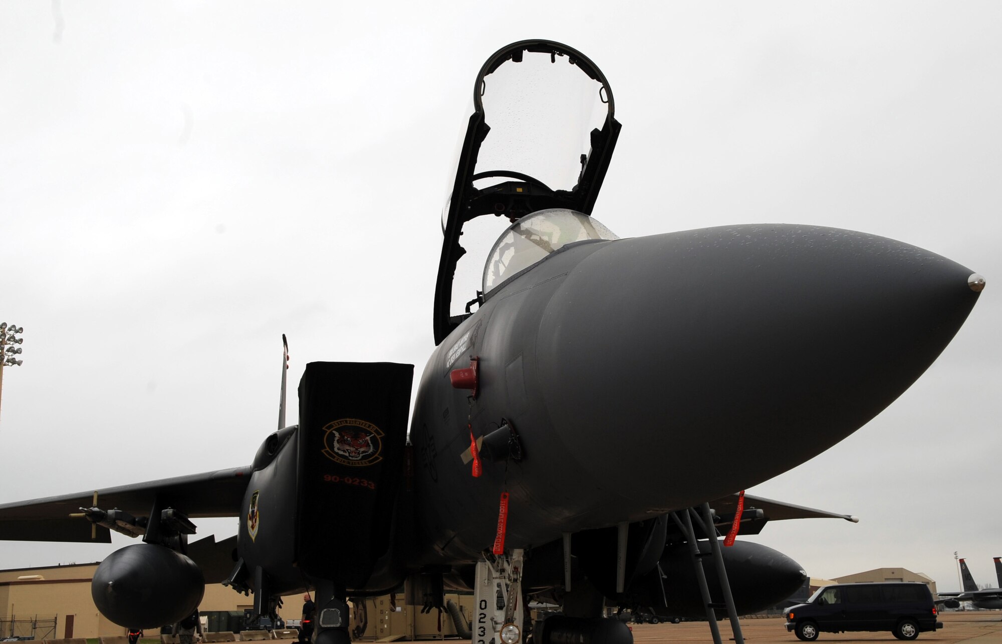 An F-15E Strike Eagle assigned to the 391st Fighter Squadron, Mountain Home Air Force Base, Idaho, sits on the flightline of Barksdale Air Force Base, La., Jan. 25. More than 200 personnel and 15 F-15s traveled here to participate in Green Flag East. The training exercise helps Airmen from different career fields to prepare for deployments in combat environments. (U.S. Air Force photo/Airman 1st Class Andrew Moua)(RELEASED)