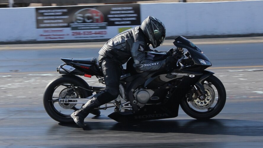 AEDC’s James Simmons, on his uncle’s Honda CBR 1000R motorcycle, competes last September at Alabama’s Huntsville Dragway in the Last Man Standing racing event’s Pro-ET (elapsed time) category, taking first place. (Photo provided)