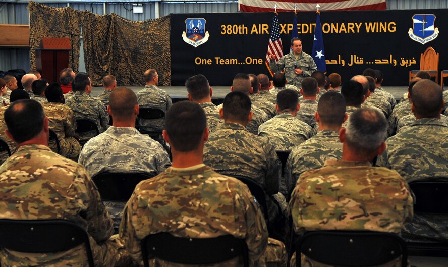 SOUTHWEST ASIA - The Air Force Civil Engineer inspects shower facilities during his visit to the 380th Air Expeditionary Wing Jan. 26, 2012. Maj. Gen. Timothy Byers received an update on various construction projects and was briefed on the future of the wing's expansion plans to a more enduring operation. He also took time out to talk with civil engineer Airmen from around the wing. (U.S. Air Force photo/Staff Sgt. J.G. Buzanowski)