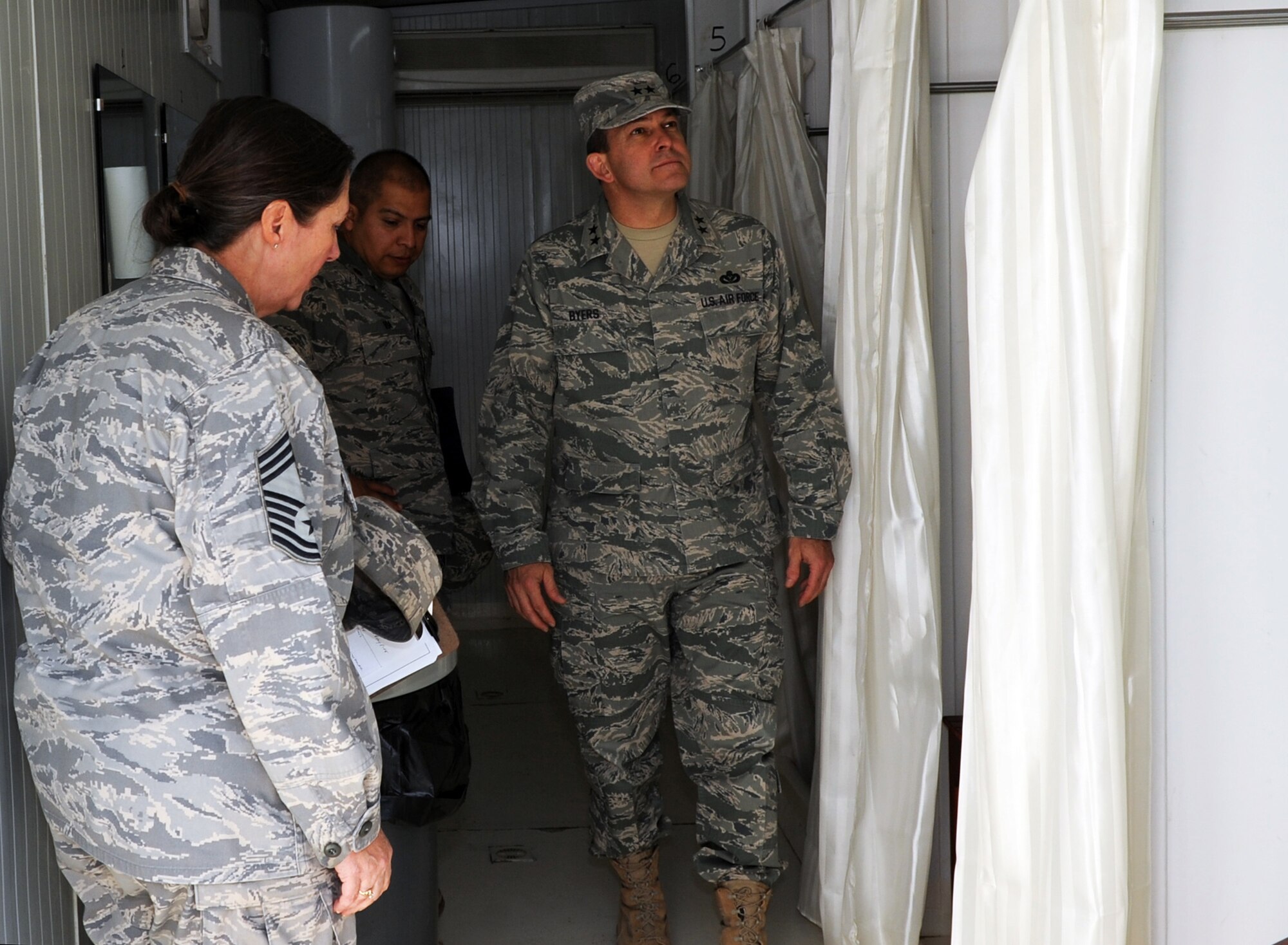 SOUTHWEST ASIA - Maj. Gen. Timothy Byers holds a commander's call with civil engineer Airmen from the 380th Air Expeditionary Wing Jan. 26, 2012. During his visit to the wing, Airmen briefed him on various construction projects as well as the plans for the wing's expansion to a more enduring operation. (U.S. Air Force photo/Staff Sgt. J.G. Buzanowski)