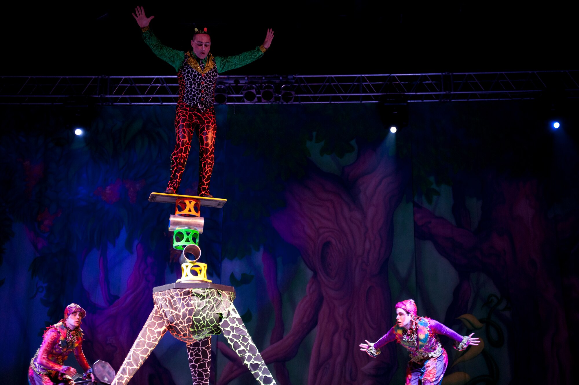 Victor Dodonov, Cirque Dreams performer, balances on several objects during the Cirque Dreams World Tour Jan. 30, 2012, at Incirlik Air Base, Turkey. Cirque Dreams partnered with Armed Forces Entertainment to perform "Jungle Fantasy" at 17 military installations in 10 different countries through Asia and Europe. (U.S. Air Force photo by Tech. Sgt. Michael B. Keller/Released)