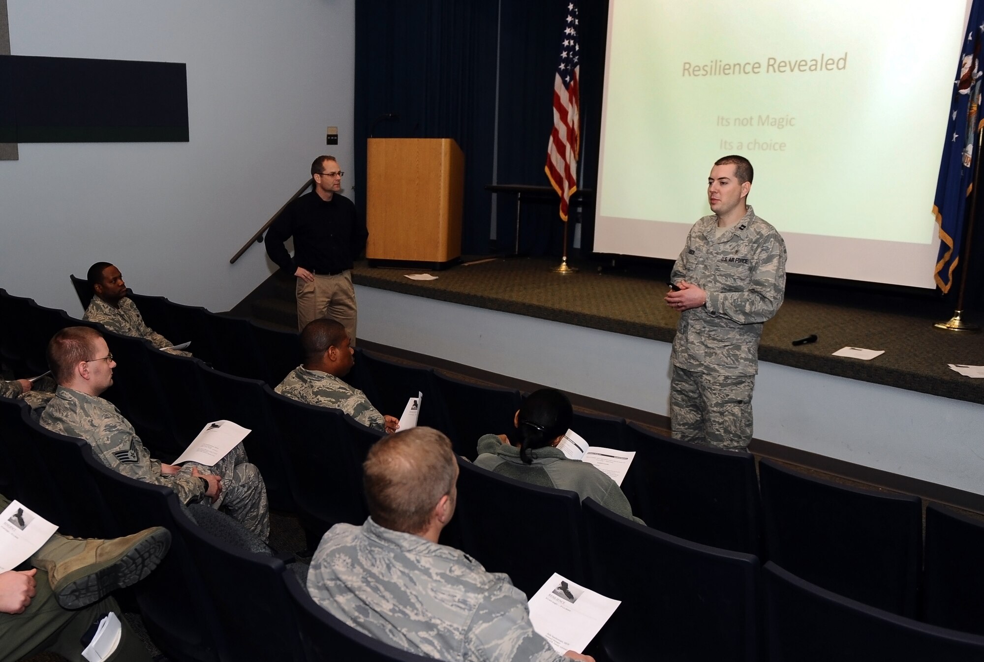 U.S. Air Force Capt. (Dr.)  James Resch, 55th Medical Group mental health staff, provides a closing seminar on resilience as part of a day-long event hosted by Offutt Air Force Base, Neb., Jan. 27. Resilience Day focuses its efforts on those sections of life that are cornerstones to physical, mental, social and spiritual well being.  (U.S. Air Force photo by Josh Plueger/Released).