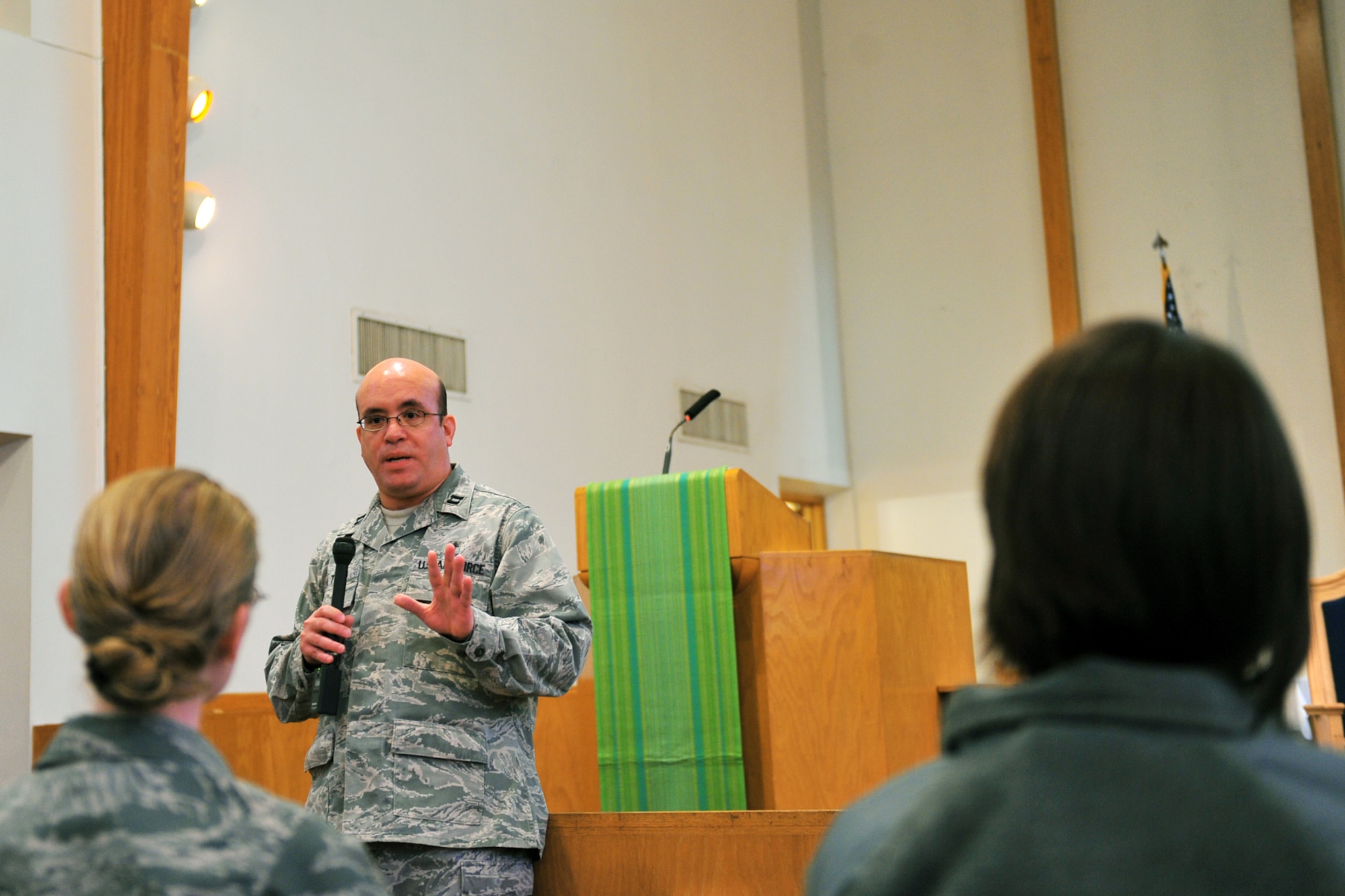 U.S. Air Force Capt. Jose Del Toro, 55th Wing chaplain, addresses the crowd during Resilience Day inside the SAC Chapel on Offutt Air Force Base, Neb., Jan. 25. Team Offutt members participated in various activities throughout the base to sharpen their awareness of being a good wingman. 

(U.S. Air Force photo by Charles Haymond/Released)


