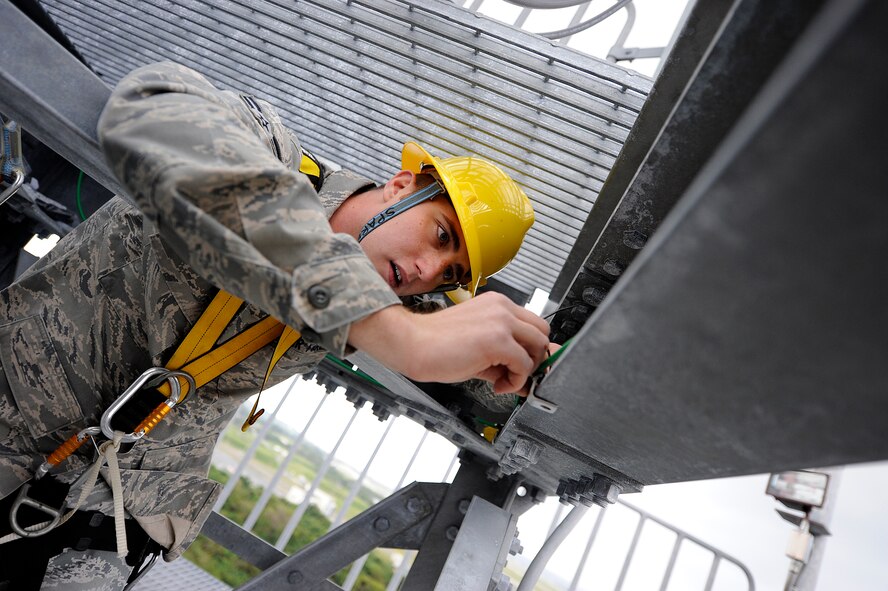 U.S. Air Force Airman 1st Class Joshua Bogenreif, 18th Communications Squadron cable and antenna systems technician, uses zip ties to organize wires on an air-to-ground communication transmission tower on Kadena Air Base, Japan, Jan. 30. Kadena implemented upgrades to the tower beginning at the first of the year in order to provide greater communication dependability to vehicles and aircraft on the flightline. (U.S. Air Force photo by Airman 1st Class Maeson L. Elleman/Released)