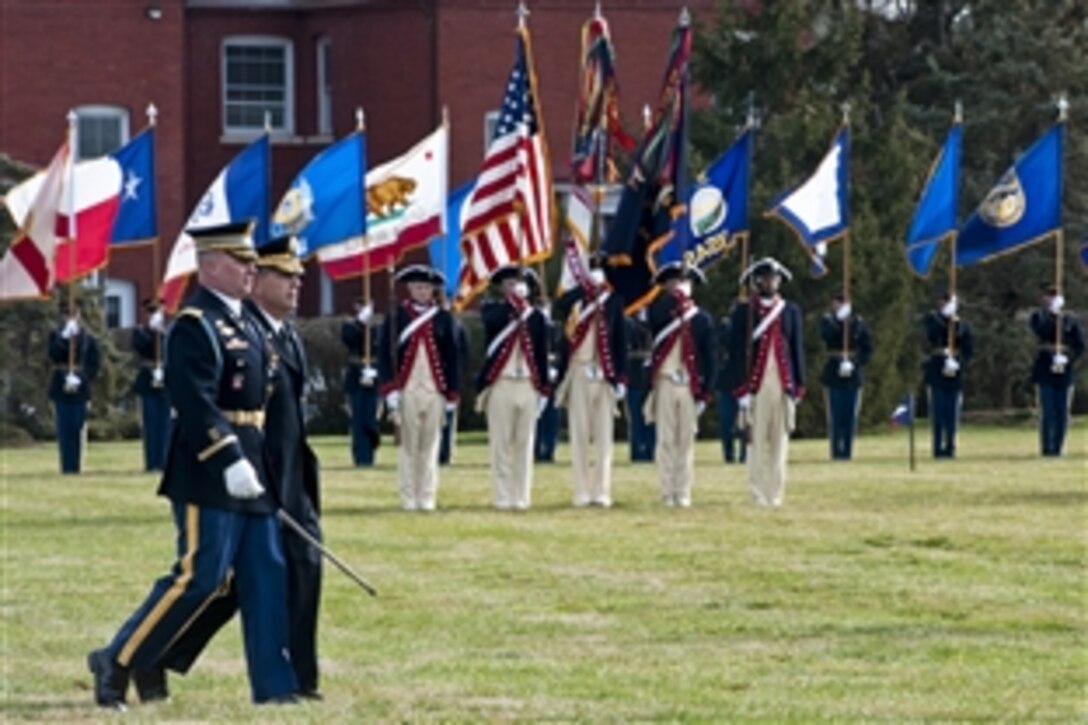 Army Vice Chief of Staff Gen. Peter W. Chiarelli walks across the parade field during his retirement ceremony on Joint base Myer-Henderson Hall in Arlington, Va., Jan. 31, 2012.