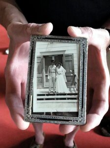 A Stafford family heirloom, a picture of Robert and Virginia Stafford on their wedding day, June 21, 1943, in front of the Airman Memorial Chapel. (U.S. Air Force photo)