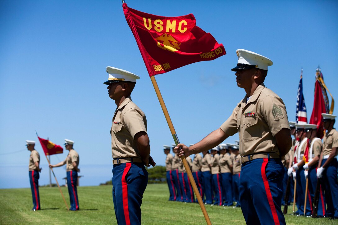Marines from U.S. Marine Corps Forces, Pacific, stand in formation during MarForPac Deputy Commander Brig. Gen. Ronald F. Baczkowski’s retirement ceremony here at Bordelon Field, June 29. Baczkowski retired after 32 years in the Marine Corps.