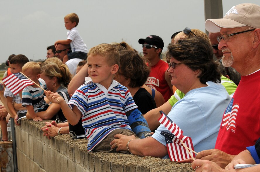 Family members of 188th Fighter Wing Airman await the departure of a McDonnell Douglas MD-11 July 2, 2012. Approximately 275 Airmen with the 188th departed Fort Smith for Afghanistan in support of Operation Enduring Freedom. (National Guard photo by Airman 1st Class John Hillier/188th Fighter Wing Public Affairs)