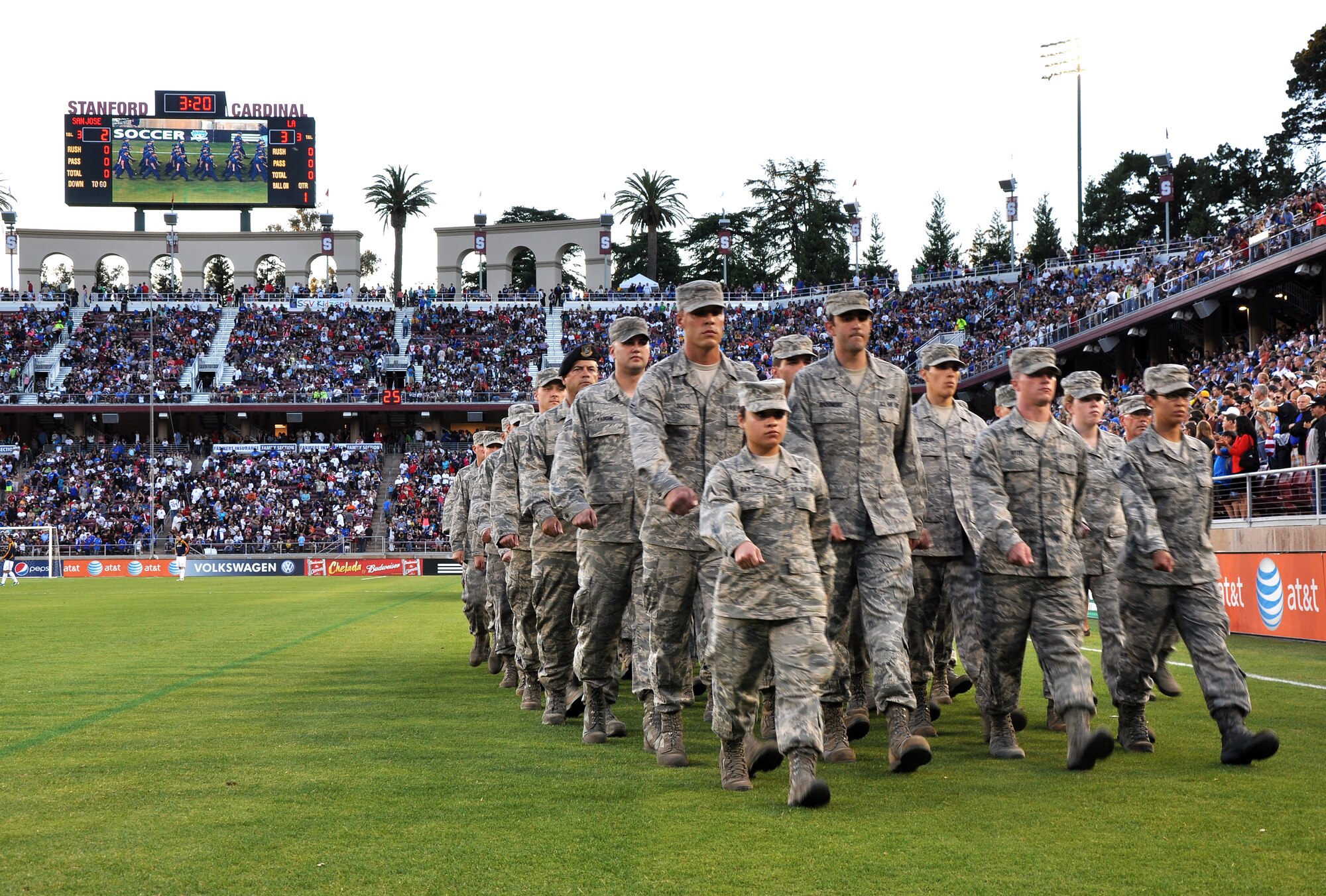A formation of U.S. Air Force Airmen march during the halftime show of the L.A. Galaxy versus San Jose Earthquakes soccer game at Stanford Stadium, Stanford, Calif., June 30, 2012. Every branch of the U.S. military was represented with a formation. (U.S. Air Force photo by Staff Sgt. Robert M. Trujillo/Released)