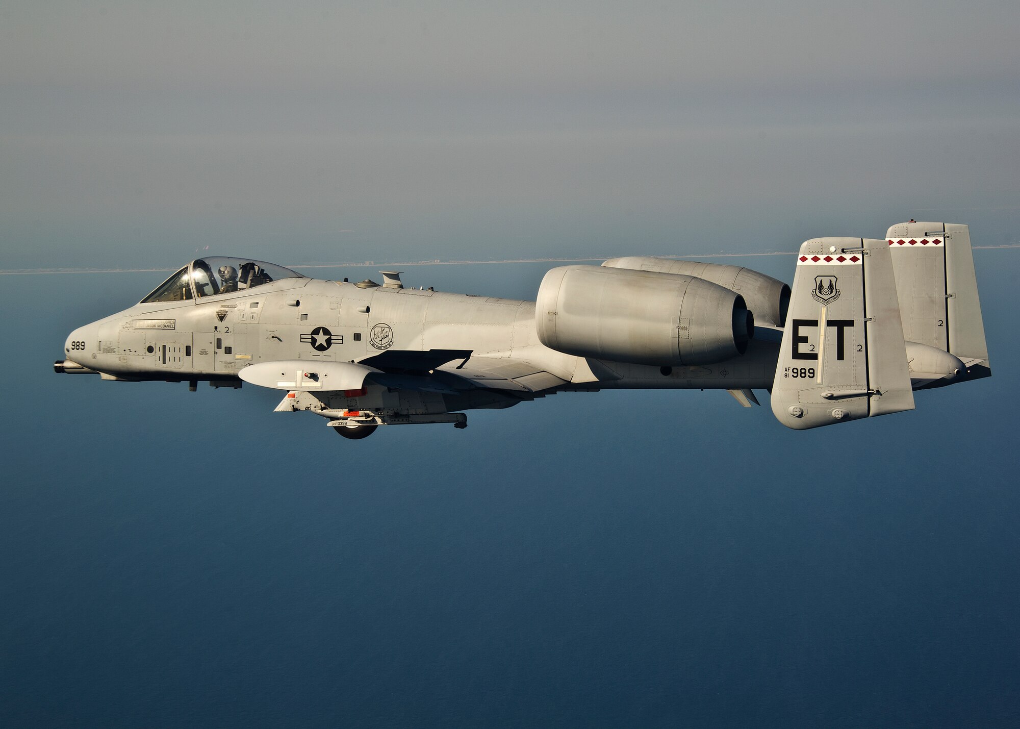 An A-10C Thunderbolt II flies over the Gulf Coast June 29, 2012, marking the second flight of an aircraft powered solely by a alcohol-derived jet fuel blend. ATJ, or Alcohol to Jet, is a cellulousic-based fuel. It can be derived using wood, paper, grass, anything that is a cell-based material. The sugars extracted from these materials are fermented into alcohols, which are then hydro-processed into the aviation-grade kerosenes used for aviation fuel. (U.S. Air Force photo/Staff Sgt. Joely Santiago)