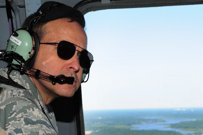 Maj. Gen. Timothy Byers, the Civil Engineer, Headquarters Air Force, Washington D.C., waits for take-off at the Atlantic Aviation flight-line, North Charleston, S.C., June 27, 2012.  Byers and Brig. Gen. Timothy Green, Director of Installations and Mission Support, Headquarters Air Mobility Command Scott AFB Ill., were given an aerial tour of Joint Base Charleston - Air Base and Weapons Station, Short Stay Naval recreation area and North Auxiliary Air Field.  Byers and Green were accompanied by members of JB Charleston leadership.  (U.S. Air Force/Staff Sgt. Nicole Mickle)  