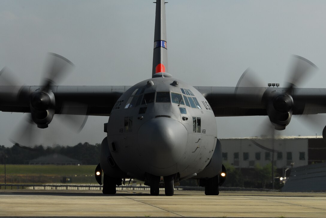 Charlotte, N.C. -- MAFFS 7, a C-130 Hercules cargo plane assigned to the 145th Airlift Wing, N.C. Air National Guard, departs 30 June, 2012 for Peterson Air Force Base, Colo., to support fire fighting throughout the Rocky Mountain area using the Modular Airborne Fire Fighting System. U.S. Air Force photo by Tech. Sgt. Brian E. Christiansen