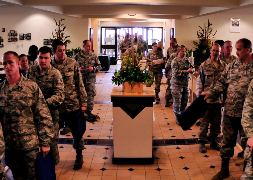 Reservists file in for the lunch meal inside the dining facility at Duke Field, Fla.  The 919th Force Support Squadron’s dining facility team recently claimed their seventh Hennessy Trophy since 2000.  The Hennessy Trophy is an annual award presented to Air Force installations with the best food-service programs. (U.S. Air Force photo/Tech. Sgt. Cheryl Foster)