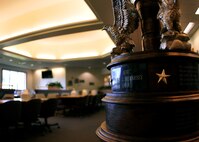 The Hennessy Trophy is displayed inside the dining facility at Duke Field, Fla. The trophy is an annual award presented to Air Force installations with the best food-service programs. The 919th Force Support Squadron’s dining facility team recently claimed the award for the seventh time since 2000. (U.S. Air Force photo/Tech. Sgt. Cheryl Foster)