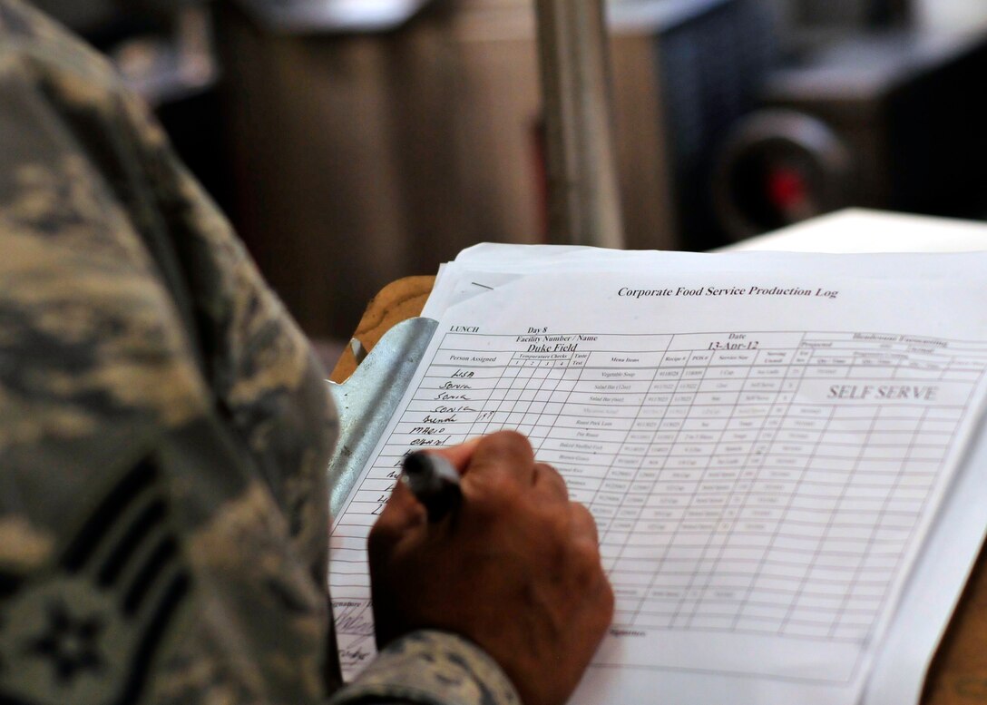 A member of Duke Field’s dining facility staff checks the food production log as food is being prepared for a lunch meal. The log is part of the paperwork that is reviewed during assessment by the Hennessy Trophy inspection team. The John C. Hennessy Award  is an annual award presented to Air Force installations with the best food-service programs. (U.S. Air Force photo/Tech. Sgt. Cheryl Foster)